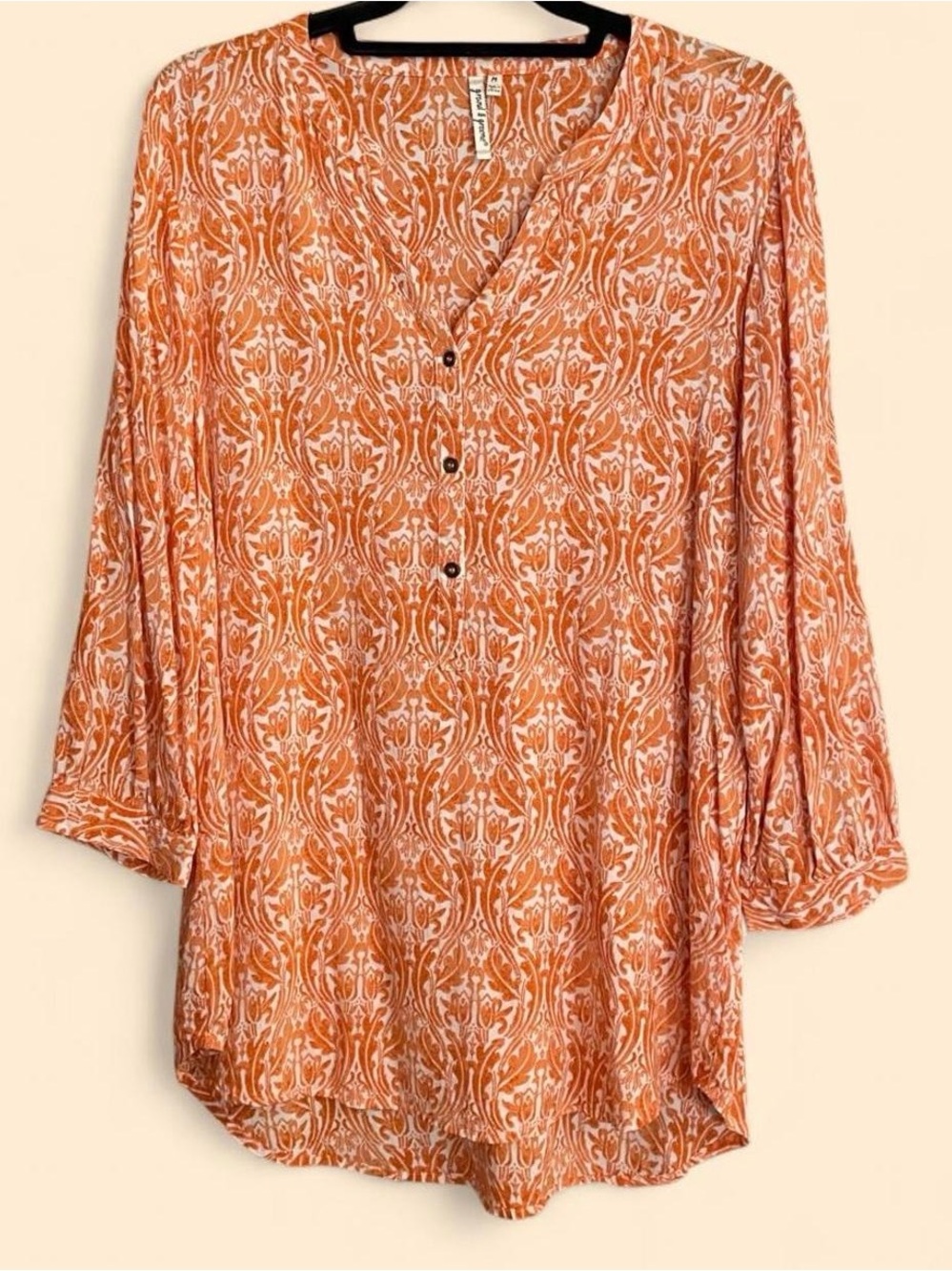 Grand & Greene Tangerine & White Damask V Neck Boho Blouse Medium Bohemian Vibe